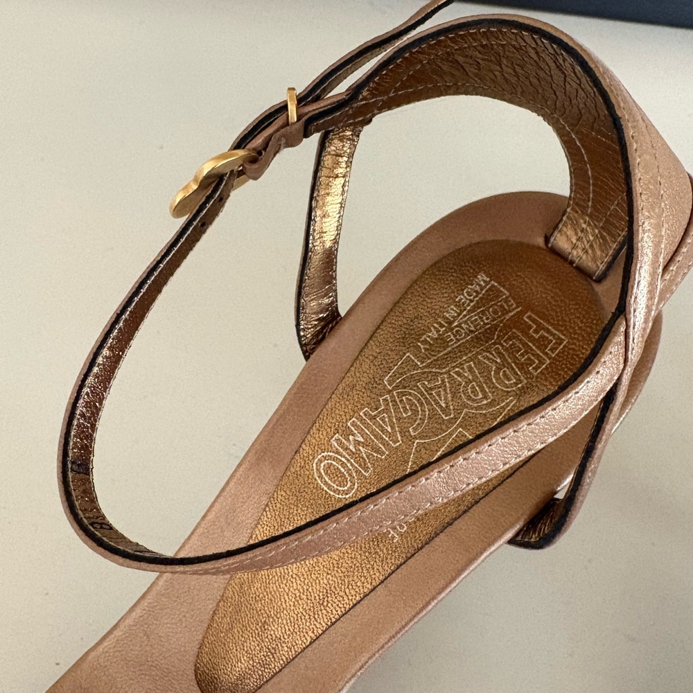 Salvatore Ferragamo Metallic Tan Strappy Ankle‑Strap Heels - Picture 3 of 8